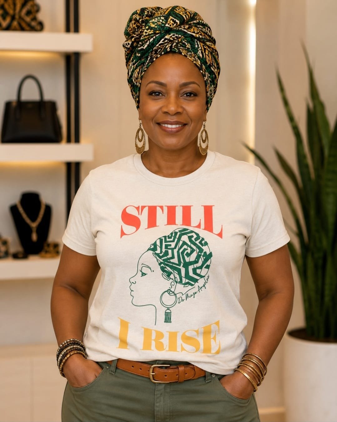 Old Navy “Still I Rise” graphic tee with Afrocentric-inspired illustration and bold multicolor lettering on cream background.