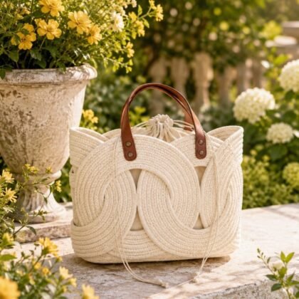 Ecru Infinity woven tote bag with sculptural circular detailing, double leather shoulder straps, drawstring interior closure, and spacious lined design.