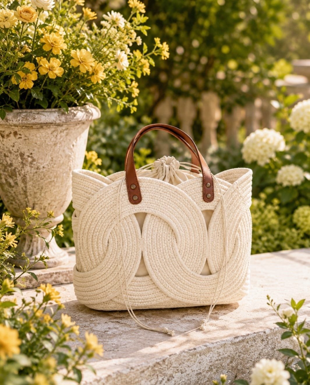 Ecru Infinity woven tote bag with sculptural circular detailing, double leather shoulder straps, drawstring interior closure, and spacious lined design.