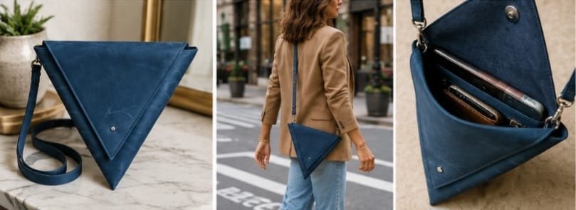 Blue Infinity genuine leather triangle crossbody bag with adjustable removable strap and geometric architectural design.