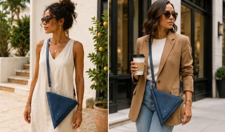 Infinity Triangle Genuine Leather Crossbody Bag – Convertible Clutch | Blue - Image 3