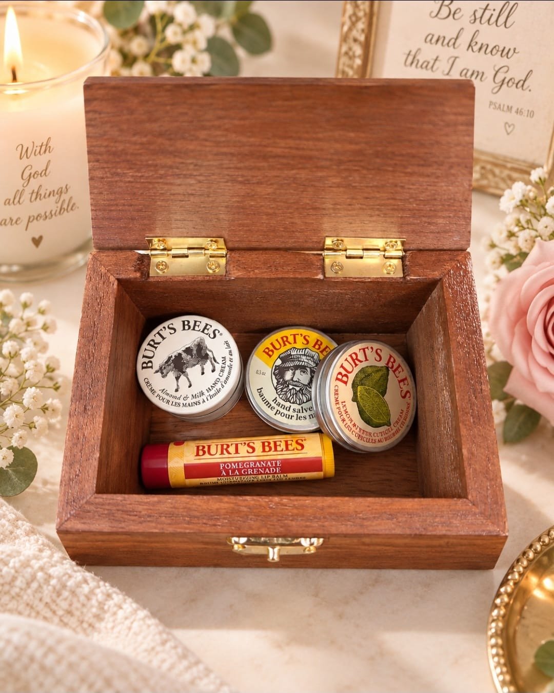 Blessed Is She Who Believes Luke 1:45 wooden keepsake gift box with Burt’s Bees self-care products