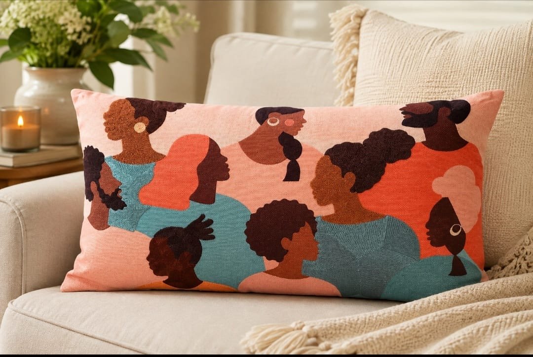 THRO Home 14 × 24 decorative pillow featuring colourful artistic portraits of women in coral, teal, blush, brown, and black.