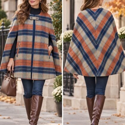 re plaid cape coat in rust, navy, tan and soft blue with chevron back detail
