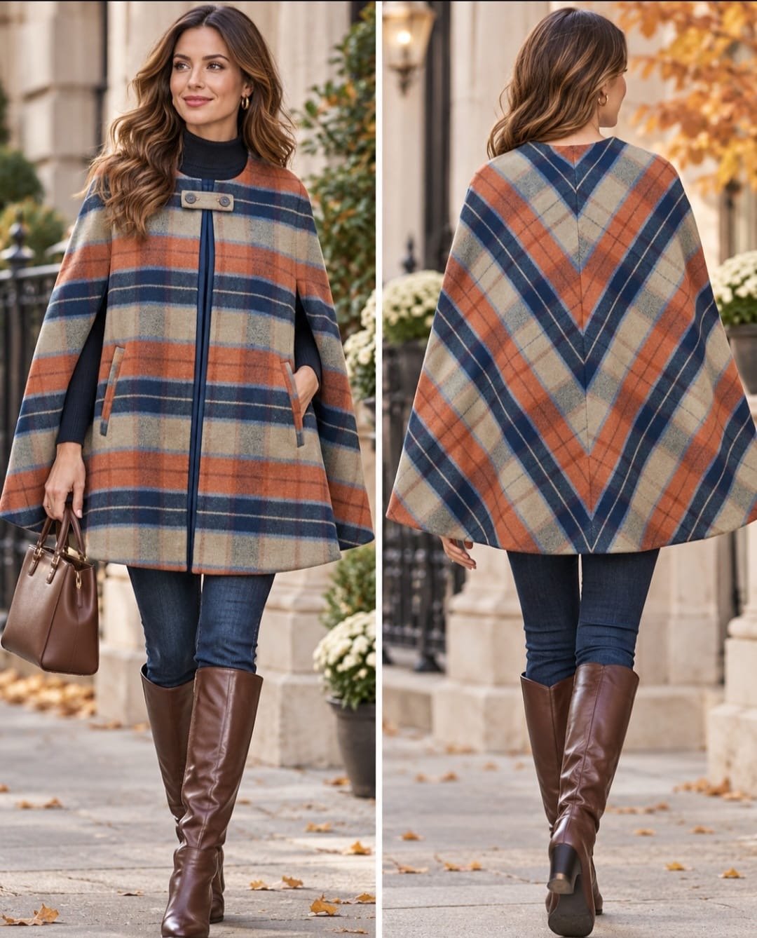 re plaid cape coat in rust, navy, tan and soft blue with chevron back detail