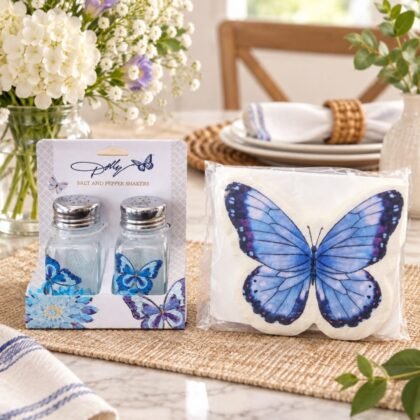 Blue butterfly table set featuring Dolly Parton butterfly salt and pepper shakers and Martha Stewart blue butterfly luncheon napkins.