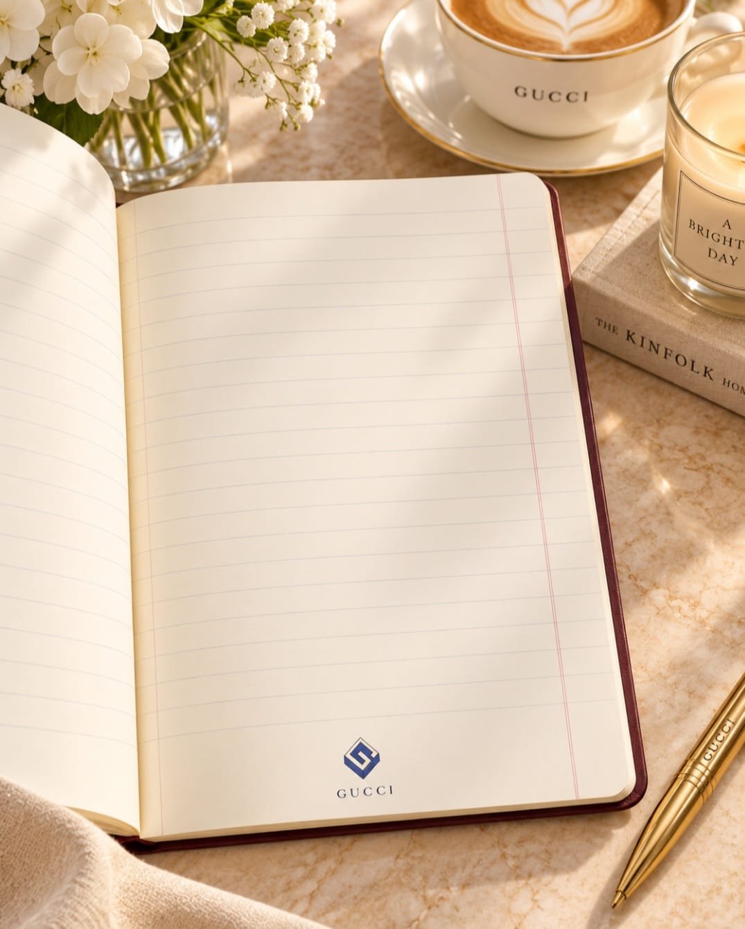 Cover: Gucci journal with a red, blue, cream, and burgundy geometric cover and burgundy elastic closure. Interior: Open Gucci journal showing cream-colored lined pages with Gucci branding.