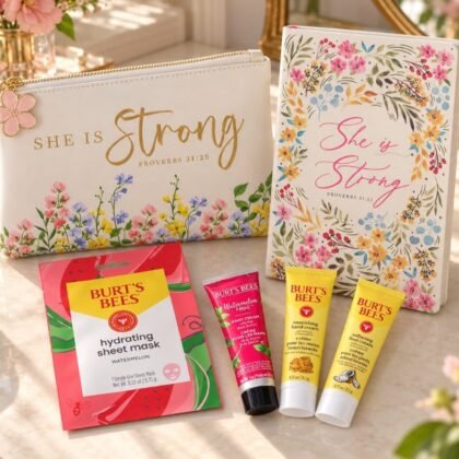 She Is Strong floral pouch and journal gift set with Burt’s Bees self-care products