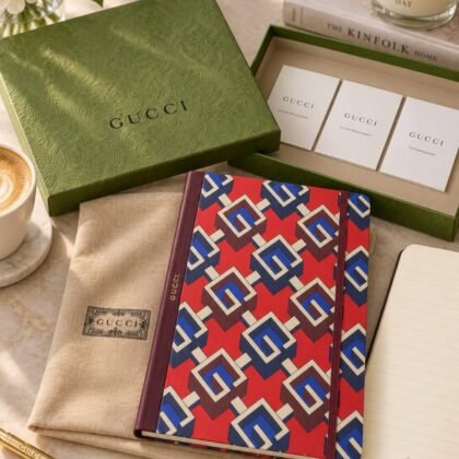 Cover: Gucci journal with a red, blue, cream, and burgundy geometric cover and burgundy elastic closure. Interior: Open Gucci journal showing cream-colored lined pages with Gucci branding.