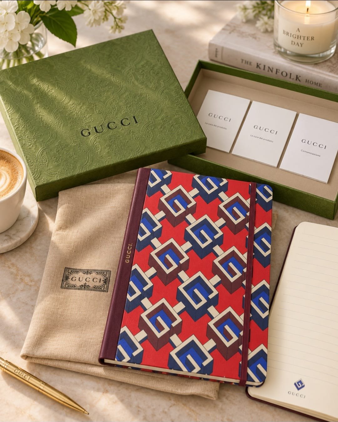 Cover: Gucci journal with a red, blue, cream, and burgundy geometric cover and burgundy elastic closure. Interior: Open Gucci journal showing cream-colored lined pages with Gucci branding.